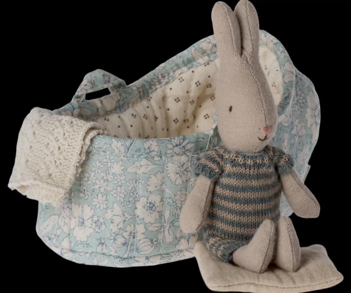 Maileg Rabbit in carry cot, Micro - Blue/Sand Discount